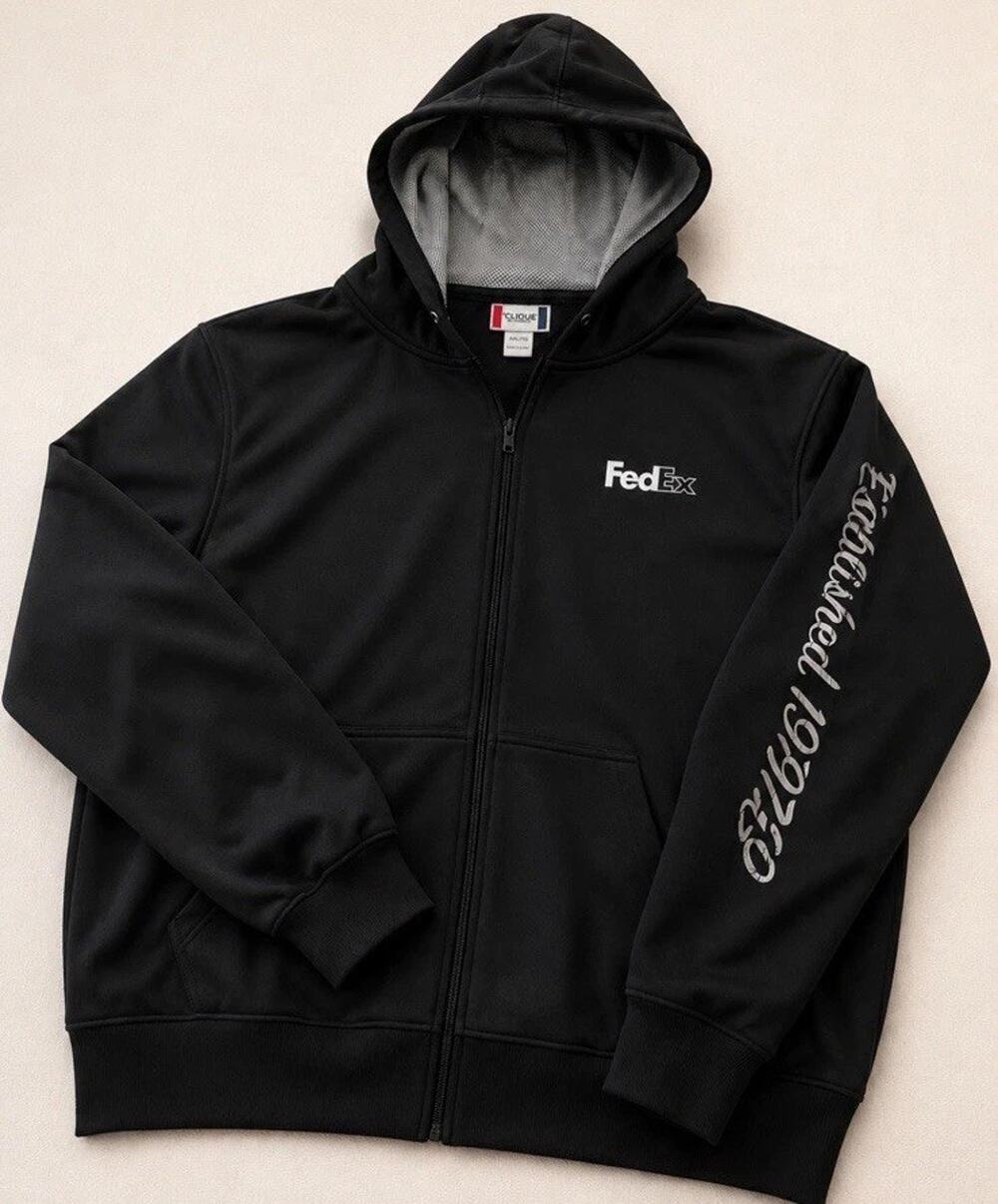 FedEx Clique Hoodie Jacket Men’s 2XL Black Full Zip Mesh Lined Corporate Logo